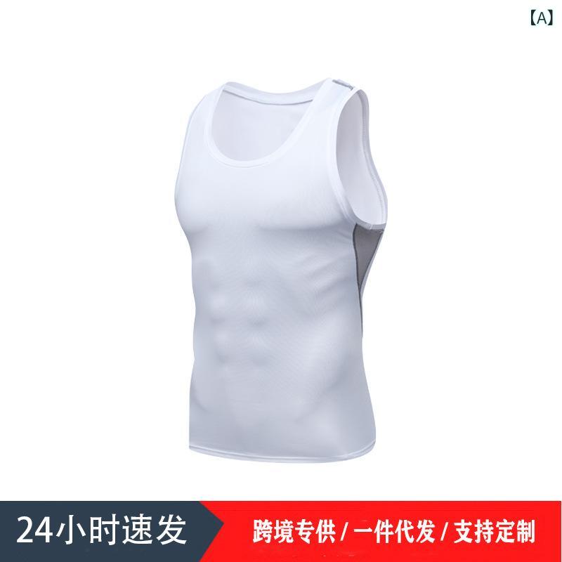 Men'S Wear - メンズ タンクトップ 無袖 速乾 接触冷感 伸縮性 吸湿排汗 透気性 ポリエステル 白色 ブラック フィットネス ランニング バスケットボール ジムウェア 夏用 軽量 タイトフィット トレーニングウェア