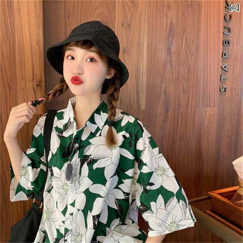 シャツ 女性用 復古 港風 夏 春夏 短袖 五分袖 開襟 方領 ワイドシルエット 薄手 涼しい 化繊混紡 ポリエステル ハワイアン柄 ビーチ 沙滩 花柄 蓮花 プリント 染め 防晒 ルーズフィット 日常使い カジュアル