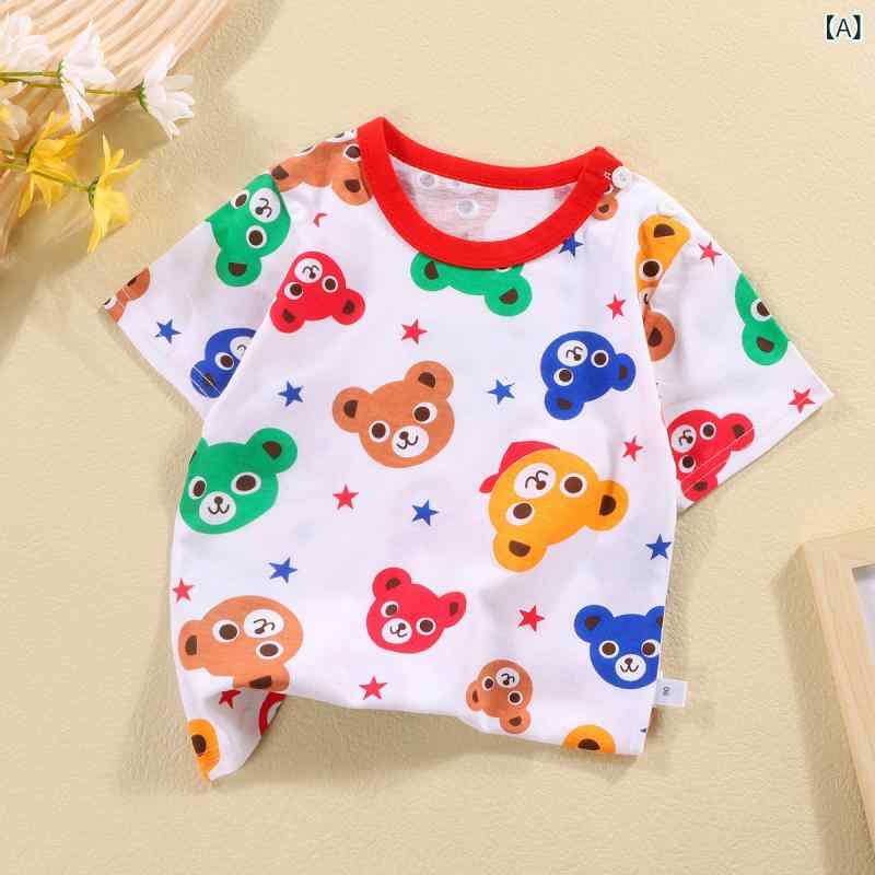 Rakuten - 子供服 男の子 女の子 ベビー 半袖Tシャツ トップス 綿100 丸首 吸湿速乾 接触冷感 柔軟 夏 春夏 動物 プリント 格子 チェック カラフル かわいい 丸首 短袖 通気性 肌着 部屋着 普段使い ユニセックス