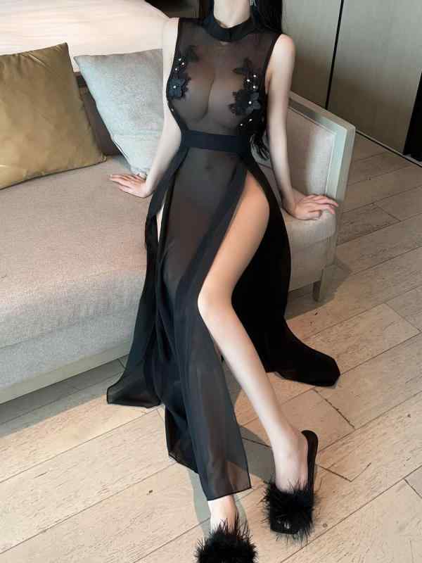 樂天商城 - ワンピース 無袖 透け感 シフォン セクシー ロングドレス 夜店風 包臀 ハイスリット 網纱刺繍 切り替え スリム ブラック 涤纶 接触冷感 伸縮性 夏 私服 名媛風 かわいい 軽量