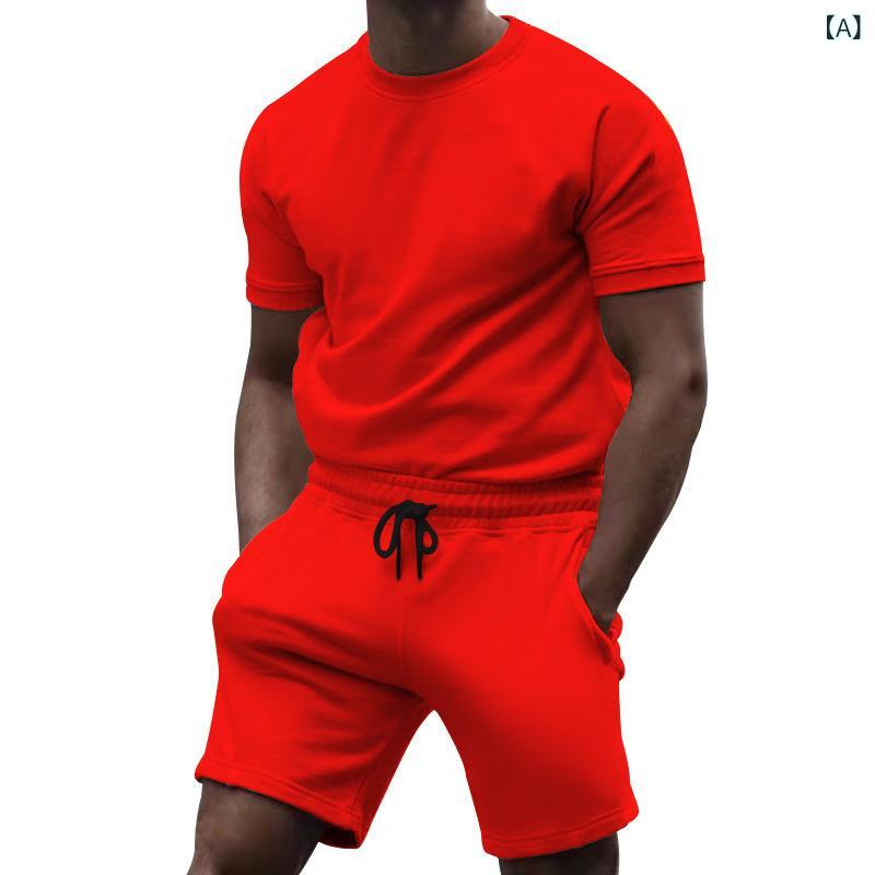 T-Shirts - メンズ 短袖 Tシャツ セット 夏季 運動 短パン 2点セット 純色 綿混紡 ポリエステル 吸湿速乾 赤 黄 カーキ 黒 白 ネイビー グリーン ピンク グレー ブルー 軽量 通勤 普段使い アウトドア