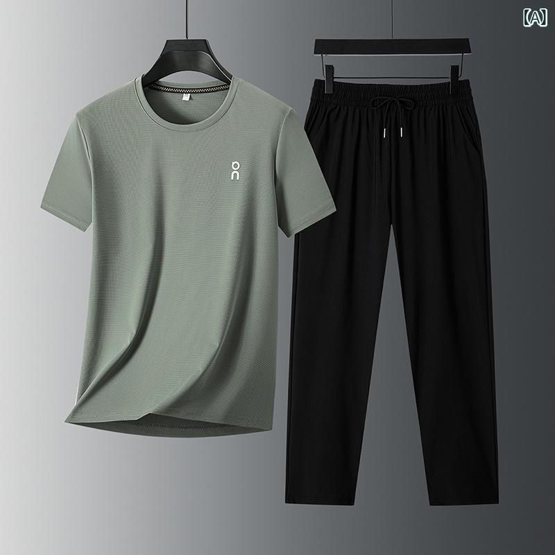 Long-Sleeved - メンズ 短袖 Tシャツ 長ズボン セット 夏季 接触冷感 トップス 体操着 軽量 化繊混紡 ポリエステル 純色 グリーン ホワイト グレー ブラック レッド カーキ ダークグリーン ゆったり 軽熟 ビジネス カジュアル 普段使い 35歳以上