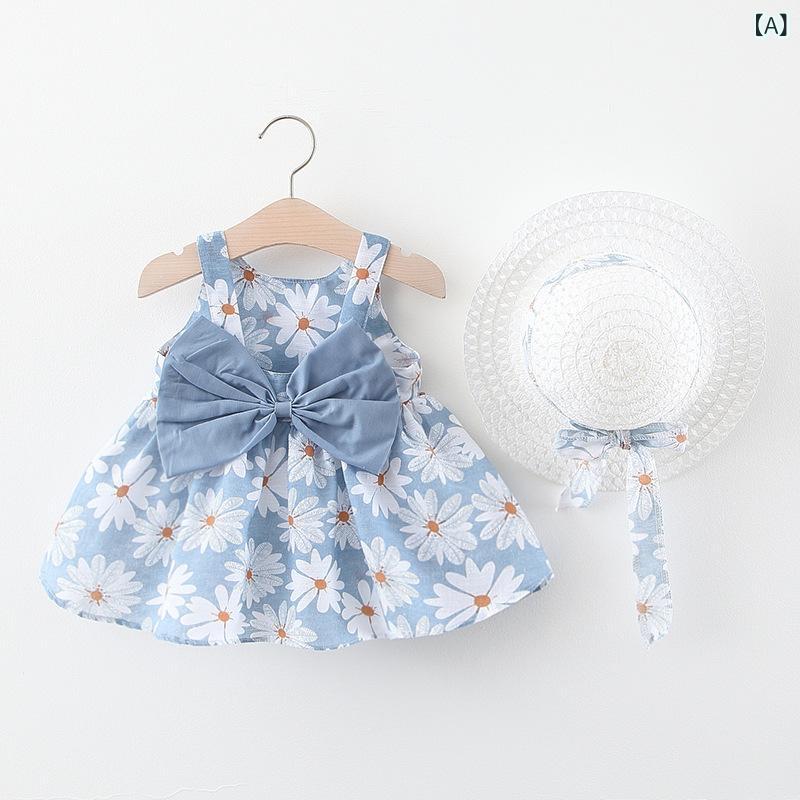 女児用 ワンピース 女の子 子供服 ベビー 1-3歳 春夏 ノースリーブ プリンセススカート 綿100% 柔らか素材 薄手 通気性 かわいい 卡通柄 ブルー 菊花 帽子付き 軽量 肌触り良い 普段使い 女児 被i服 トップス スカート 夏服 幼児服 姫系