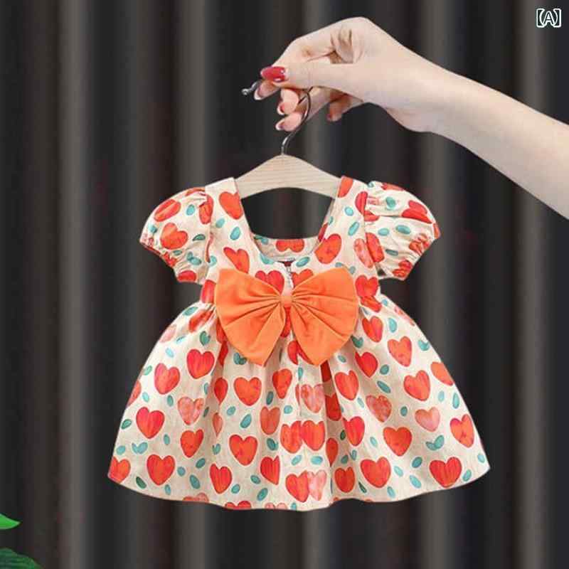 女の子 ワンピース 子供 女児用 夏 春夏 プリンセススカート 無袖 綿100% 柔らかい 接触冷感 かわいい 卡通柄 赤 黄色 ハート柄 1〜3歳 80〜110cm 普段使い 通学 アウトドア 伸縮性 通気性 軽量 ビッグシルエット Vネック ハイウエ