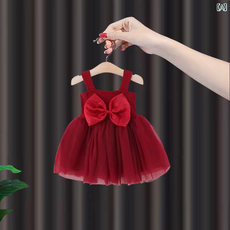 女児 ワンピース キッズ 女の子 1歳 春夏 吊り帯 プリンセスドレス かわいい 赤 ピ...