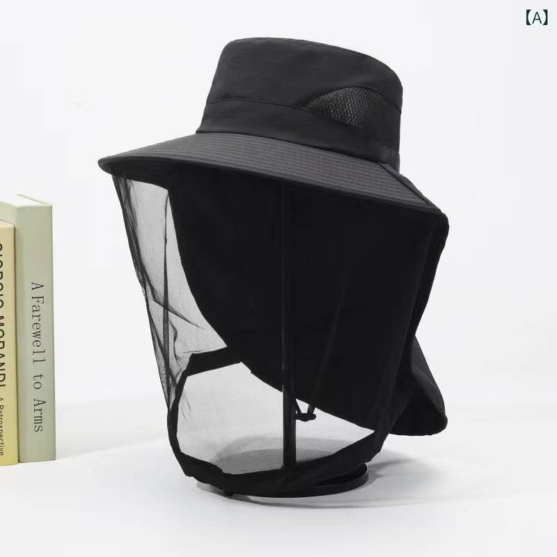 サマーハット メンズ レディース 大つば UVカット 防晒 防虫 ショール フェイスカバー 首元保護 通気性 速乾 防水 ポリエステル ブラック グレー ベージュ ネイビー アウトドア 登山 釣り キャンプ 春夏 秋