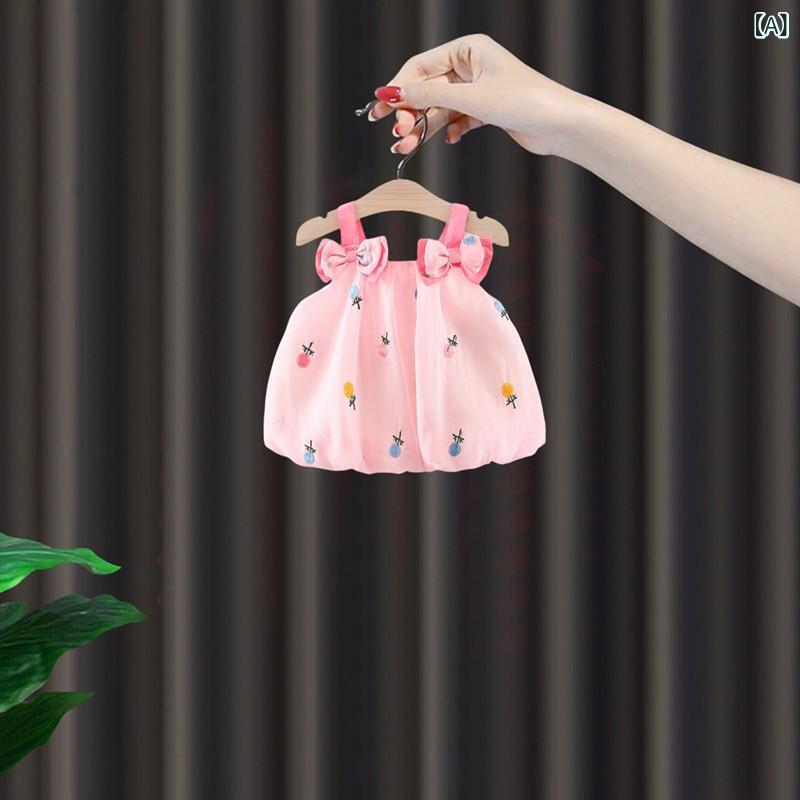 女児用 ワンピース プリンセススカート 夏 女の子 子供服 無袖 綿100% 接触冷感 柔軟素材 かわいい ピンク 白 刺繍 柄 カートゥーン柄 1〜3歳 80〜110cm 軽量 通気性 伸縮性 普段使い 春夏 キッズ 女児 トップス スカート 姫 プリ