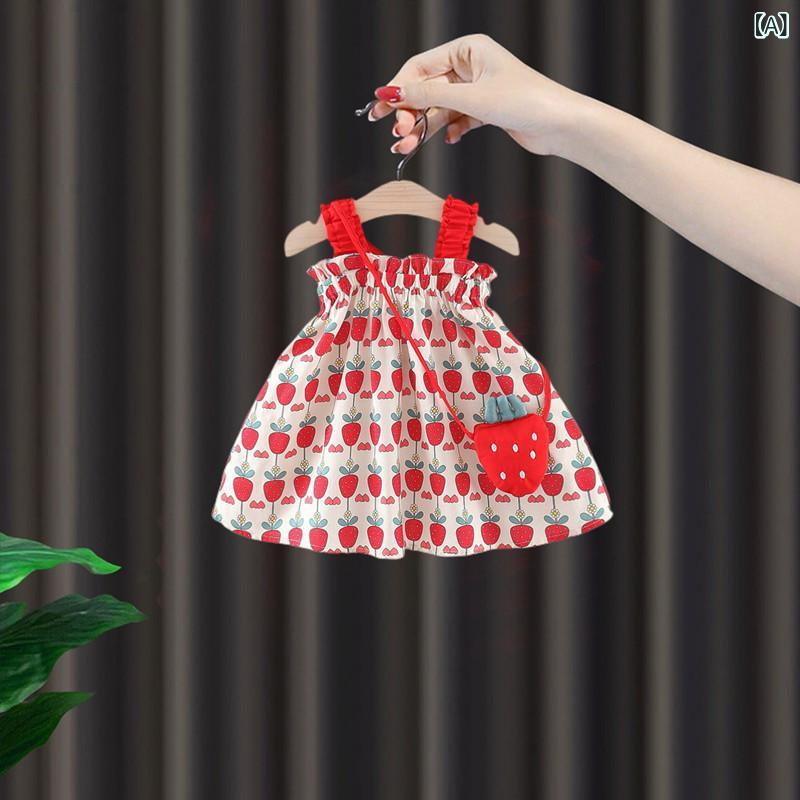 女児用ワンピース 1歳 夏 プリンセスドレス 女の子 かわいい 無袖 綿100％ 柔らか素材 接触冷感 草莓柄 赤 オレンジ 80〜110cm 通気性 吸湿速乾 インファント ベビー 子供服 プリンセススカート キャラクターデザイン