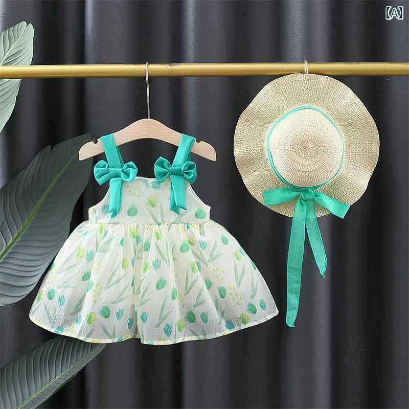 ベビー 女の子 ワンピース プリンセスドレス 夏 無袖 綿 接触冷感 柔軟 かわいい ピンク グリーン 韓流 甘め プリント 1歳〜3歳 73〜100cm 通年 通勤 普段使い カジュアル 軽量 伸縮性 吸湿速乾