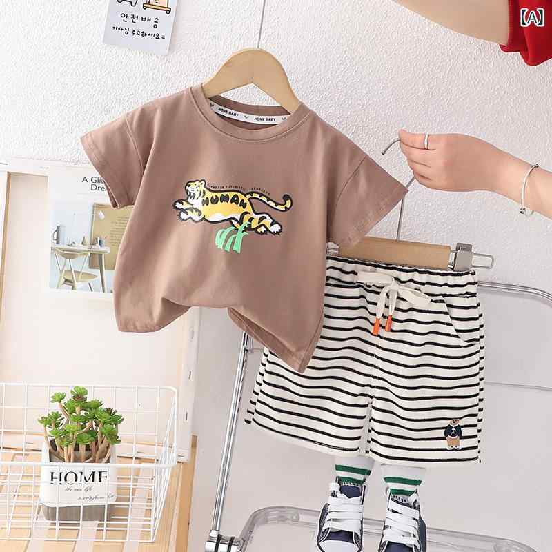 キッズ 男の子 夏 ベビー 2点セット 短袖 Tシャツ 短パン セット 綿 接触冷感 吸湿速乾 かわいい カードプリント 虎柄 ストライプ カーキ 白 アイボリー 80cm 90cm 100cm 通気性 軽量 伸縮性 カジュアル