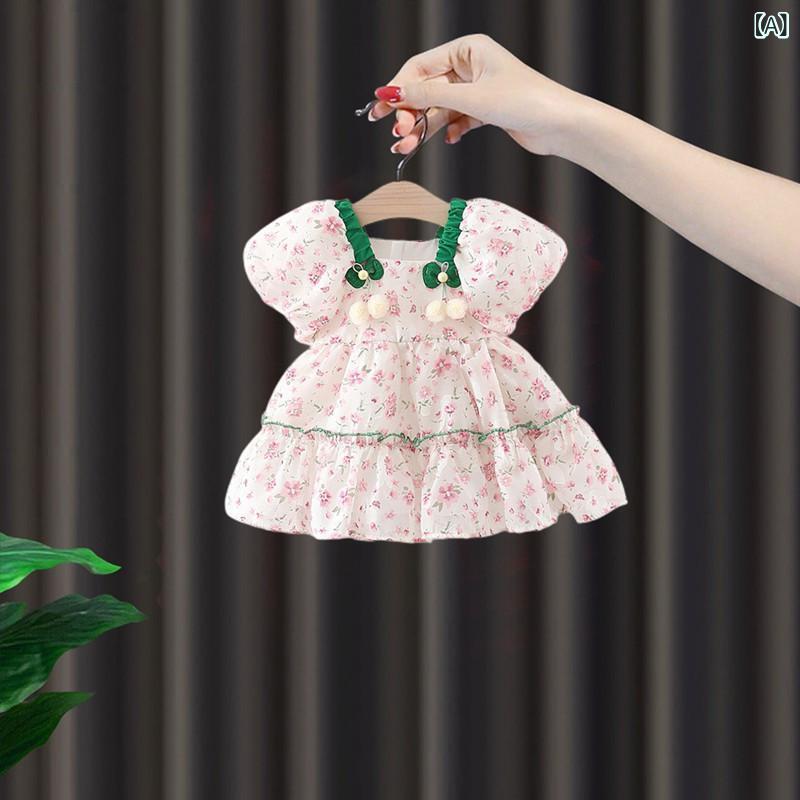 女児用 ワンピース 夏 プリンセススカート 女の子 子供 綿 無袖 碎花柄 千層 かわ...
