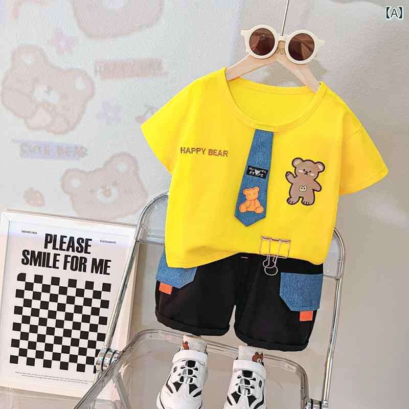 キッズ 男の子 ベビー 夏 短袖 短パン 綿 2点セット 韓版 かわいい テディベア柄 かっこいい トレンド セットアップ 通気性 軽量 ベビー服 トップス ボトムス 子供服 普段使い 爽やか カジュアル