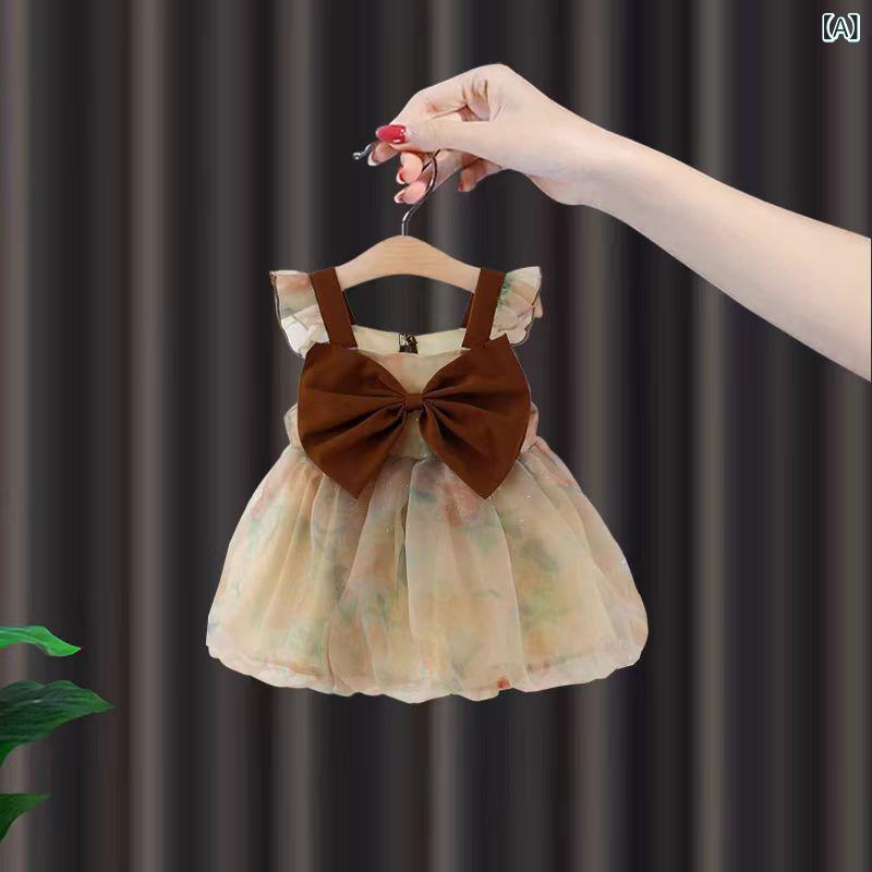 女の子 子供服 春夏 吊帯 プリンセス ワンピース セット トップス 綿 100% 接触冷感 かわいい 純色 グレー ブラウン 80cm 90cm 100cm 110cm 女児 幼児 春服 秋服 インファント プリンセスドレス キャミワンピ 半袖 セット