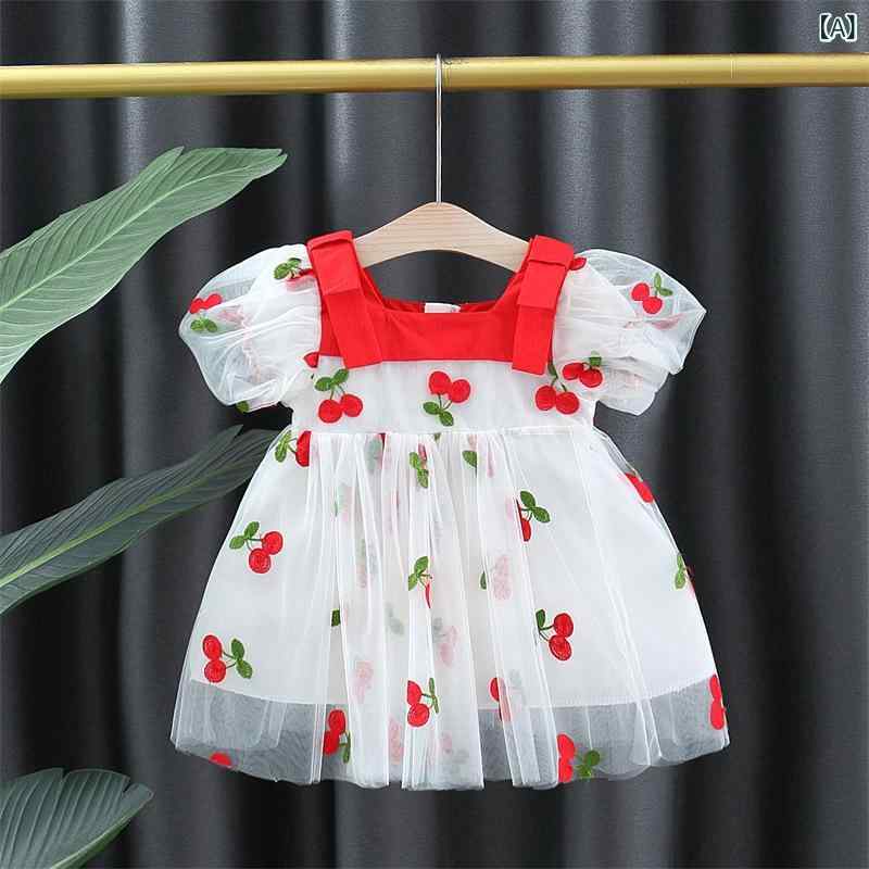 女児 プリンセスドレス 女の子 ワンピース 子供 夏服 無袖 綿 接触冷感 柔らか素材 かわいい 赤 チェリー柄 プリンセススカート カード柄 伸縮性 通気性 普段使い 春夏 ベビー 1〜3歳 80〜110cm