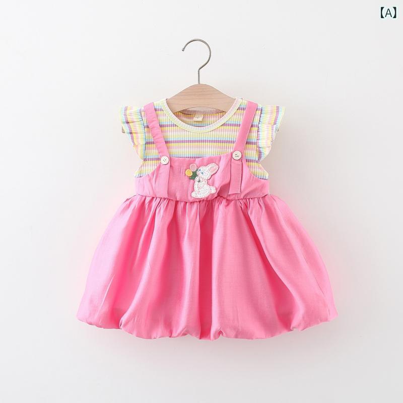 女児 ベビー キッズ 女の子 夏 春夏 無袖 プリンセスドレス ワンピース 連衣裙 綿 コットン 柔軟 接触冷感 かわいい カード プリント 韓国風 偽ツーピース レイヤード 風 バニー 耳 後ろ ピンク アイボリー 80cm 90cm 100cm 11