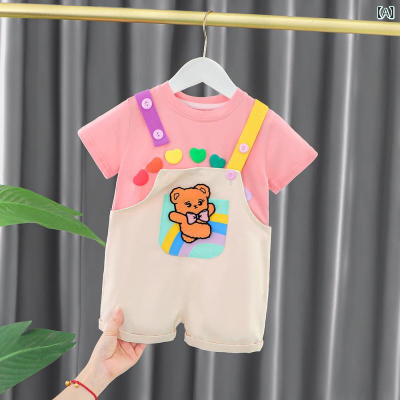女児 ベビー 女の子 キッズ 子供服 春夏 夏 セットアップ 2点セット 背広パンツ 背帶短パンツ 短袖 トップス 綿 コットン 接触冷感 吸湿速乾 かわいい プリンセス カートゥーン柄 カラフル ピンク イエロー 白 普段使い 通園 遊び着 軽量 伸縮