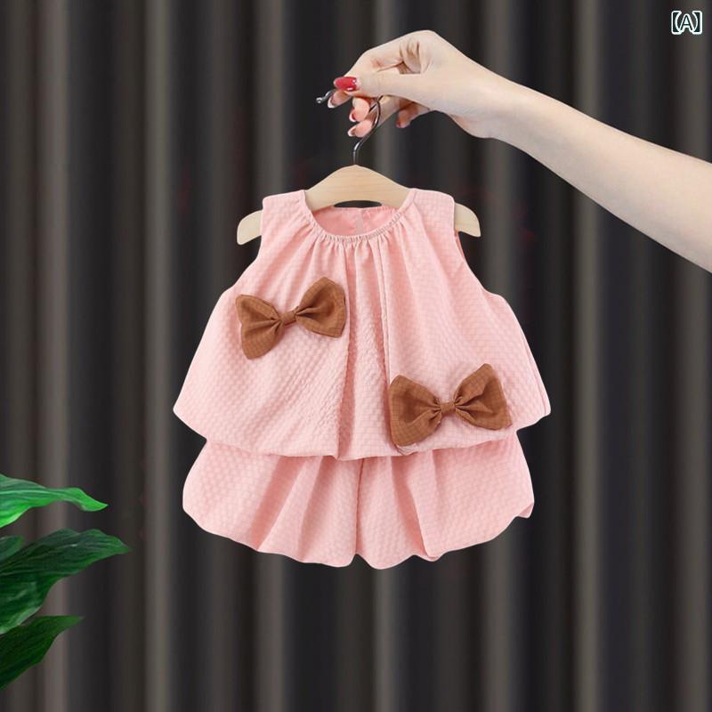 女児 ベビー キッズ 女の子 無袖 夏 スカート セット トップス スカート 2点セット 春夏 秋 綿 コットン 純色 ピンク イエロー かわいい プリンセス トレンド 80cm 90cm 100cm 110cm 120cm 1〜3歳 インファント 幼児