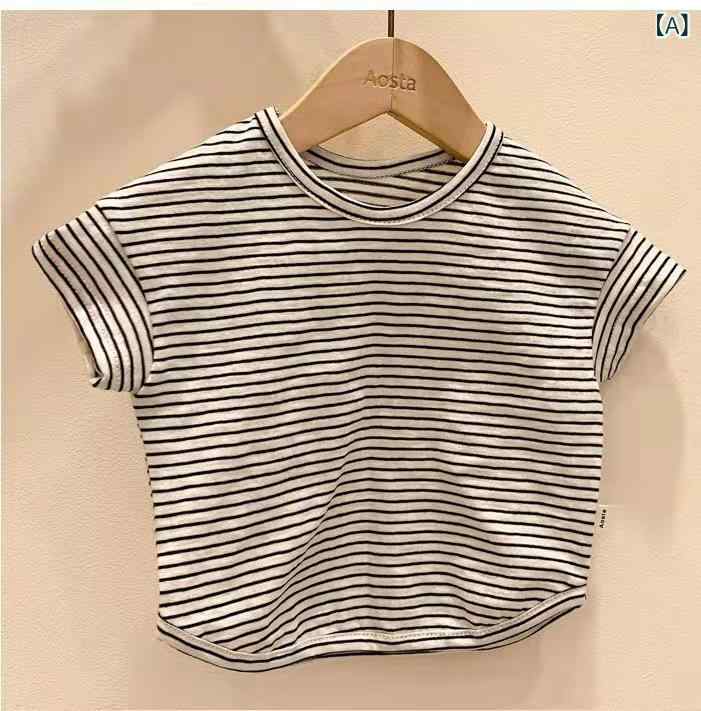 ・カテゴリ: キッズTシャツ・性別: ユニセックス・スタイル: 韓国・主な素材: 綿95%・袖丈: 半袖・対象年齢: 1〜3歳・カラー展開: 黒ストライプ、茶ストライプ、赤ストライプ・サイズ展開: 73cm、80cm、90cm、100cm