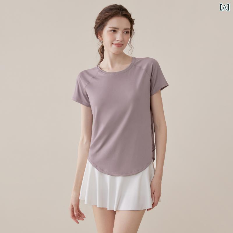 Wear - レディース ヨガトップス 短袖 網纱 透け感 ポリエステル スパンデックス 伸縮性 通気性 ランニング フィットネス ジムウェア ルーズフィット スリムライン ゆったり カジュアル 紫 ブルー グリーン 春夏 秋 室内外
