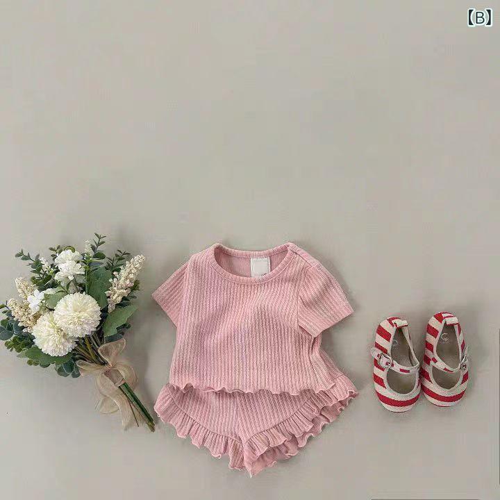 キッズ 女児 男児 夏 ベビー 短袖 Tシャツ 短パン セット 綿 薄手 純色 柔らかい 接触冷感 花辺 ホームウェア ルームウェア かわいい ブルー ピンク イエロー ベージュ 73cm 80cm 90cm 100cm 110cm 120cm 2