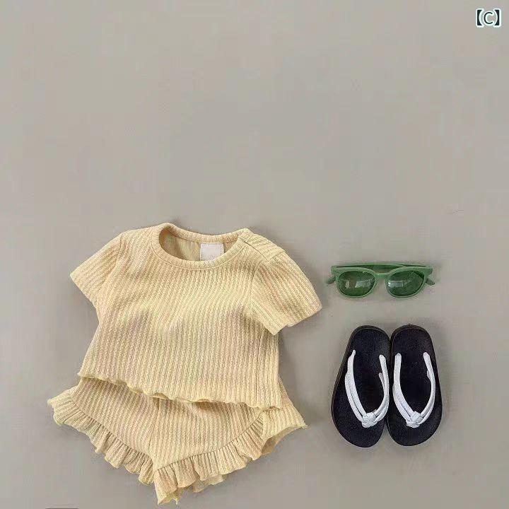 キッズ 女児 男児 夏 ベビー 短袖 Tシャツ 短パン セット 綿 薄手 純色 柔らかい 接触冷感 花辺 ホームウェア ルームウェア かわいい ブルー ピンク イエロー ベージュ 73cm 80cm 90cm 100cm 110cm 120cm 3