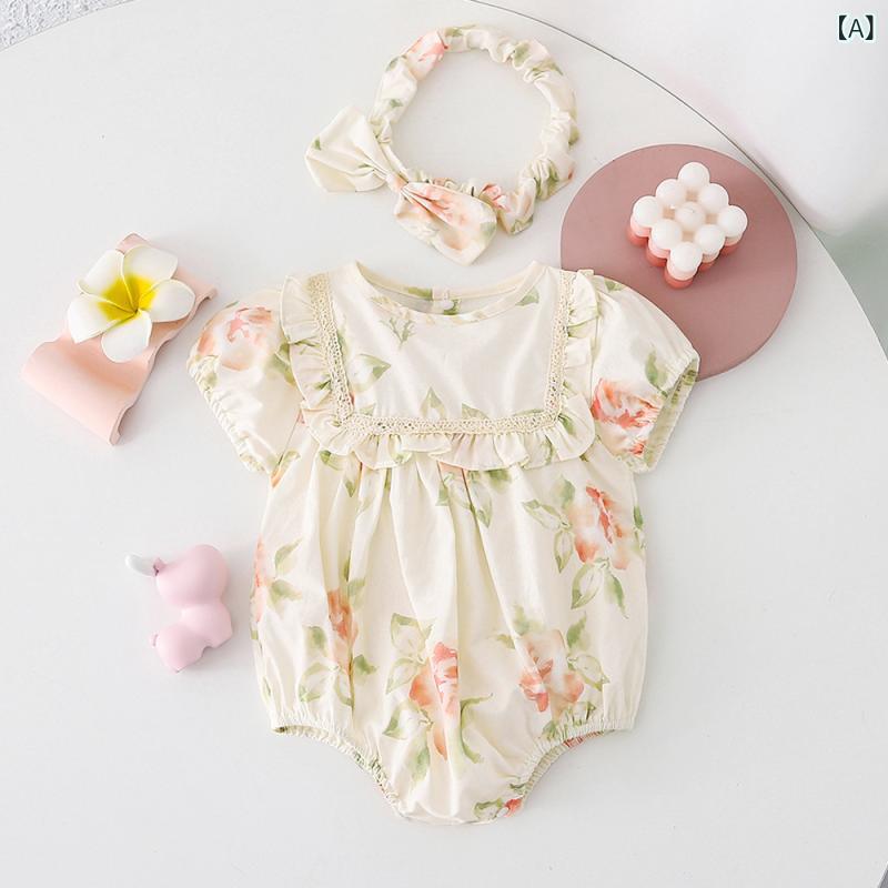 Rakuten - 女児 ベビー ワンピース 夏 春夏 女の子服 女児用 短袖 連体服 爬行服 短袖連衣裙 綿100 接触冷感 薄手 かわいい 花柄 プリント 動きやすい 普段使い 66cm〜120cm