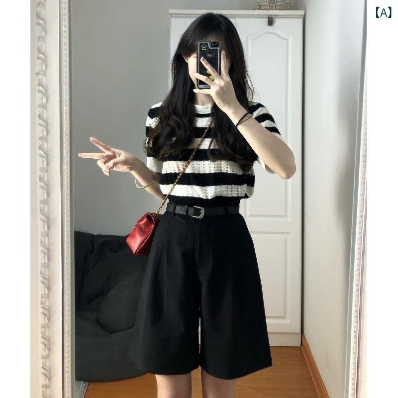 Nylon, Rayon, Polyester - レディース ハーフパンツ ブラック 夏 春夏 クロップドパンツ ワイドレッグ 高腰 Aライン ゆったり 垂感 天絲 再生繊維 微弾性 軽量 免烫 微喇 切り替え スタイルアップ カジュアル 普段使い 通勤 通学 清新 かわいい 女性用 トップス ボトムス