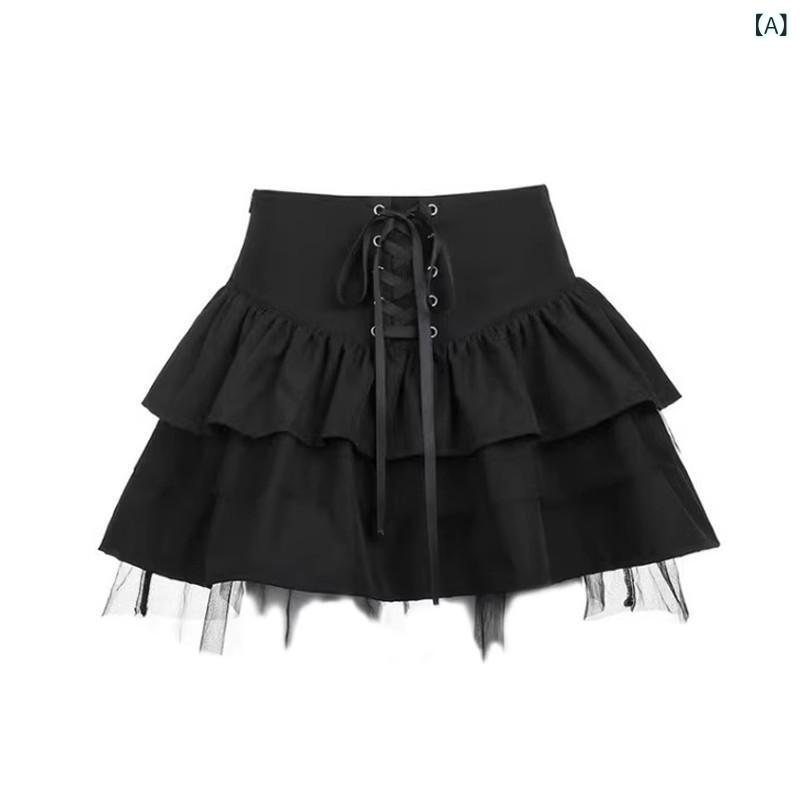 Other - スカート 女性用 春夏 ブラック 短め Aライン プリーツ スカート レース 切り替え 紐 リボン フレア スカート かわいい ポッテリ シルエット ポリエステル 再生繊維 微弾力 軽量 通勤 普段使い 日韓 カジュアル 快適 ハイウエスト