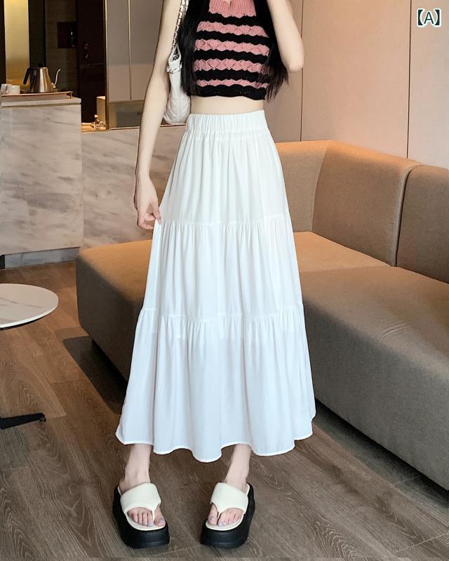 スカート 女性用 ハイウエスト A字型 中長丈 スカート 春夏 白色 ブラック ポリエステル 微弾性 切り替え 学院風 かわいい 清楚 甘め 清楚甘め 通勤 普段使い 軽量 伸縮性 垂感 小柄対応 ビッグシルエット