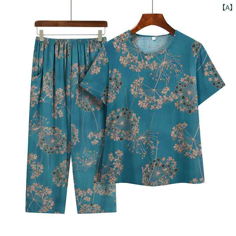 乐天商城 - ママ服 セット レディース 夏 短袖 Tシャツ トップス 九分パンツ ワイドシルエット ゆったり 涤纶 ポリエステル 薄手 セットアップ 碎花柄 プリーツ 切り替え 涼しい 普段使い シニア グランマ