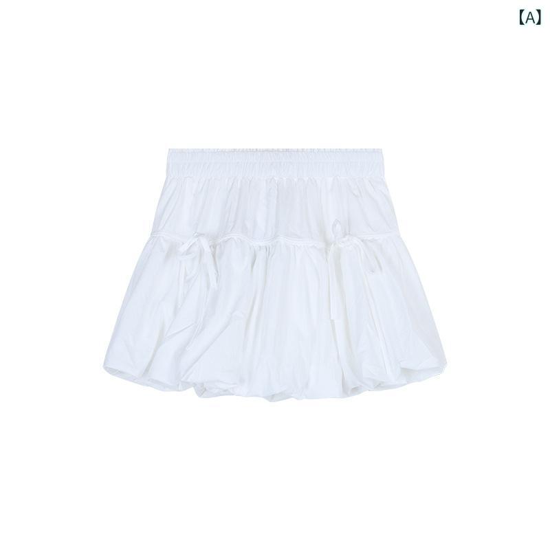 スカート 女性用 春夏 白色 Aライン 短め スカート ぷくスカート 蝶結び リボン 切り替え デザイン かわいい 甘め 清新 スタイル ポリエステル 軽量 通勤 普段使い デート