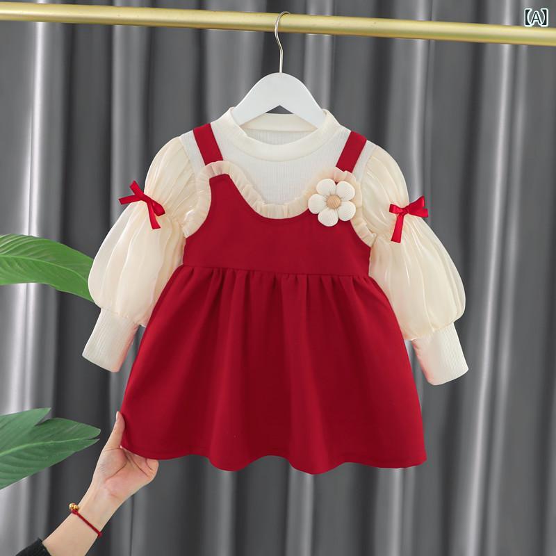 女児用 ワンピース 女の子 春夏 秋冬 プリンセスドレス 無袖 コットン 柔らか素材 純色 カードット 背帯スカート 赤 ピンク かわいい 普段使い 通園服 伸縮性 軽量 80〜120cm