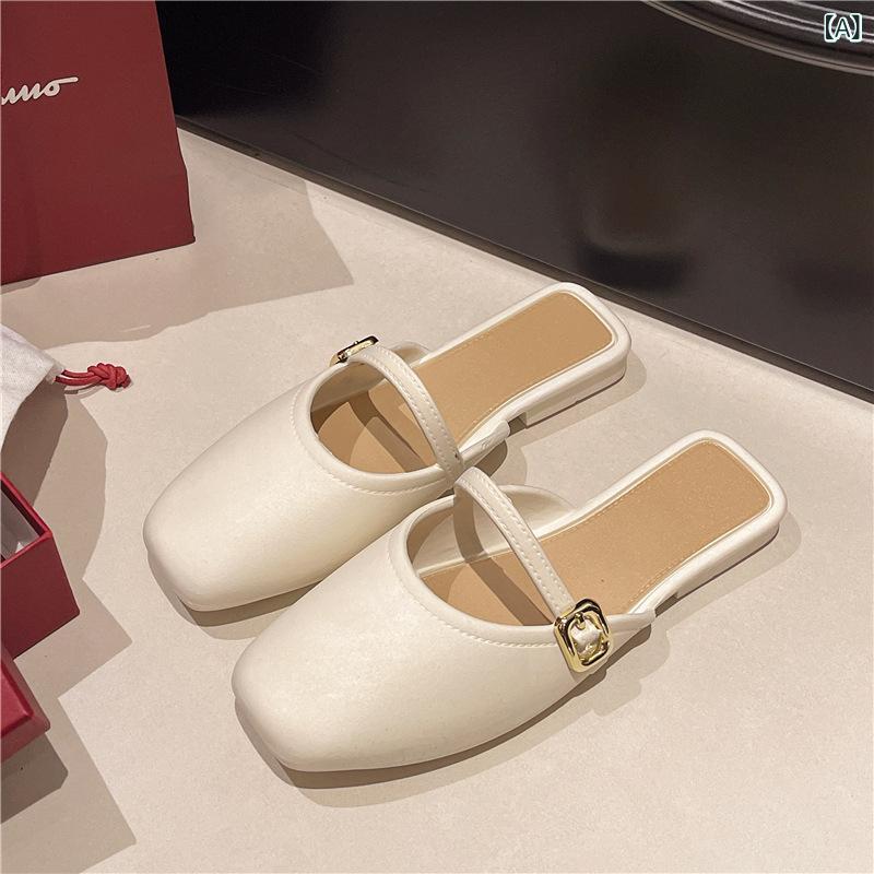 Women'S Shoes - サンダル 女性用 夏 外出 復古 小方頭 包頭 半拖鞋 ラバーシューズ EVA素材 軽量 純色 白色 ブラック カーキ フラット底 日常 休闲 室内履き 屋外履き 通勤 通学 伸縮性 クッション性