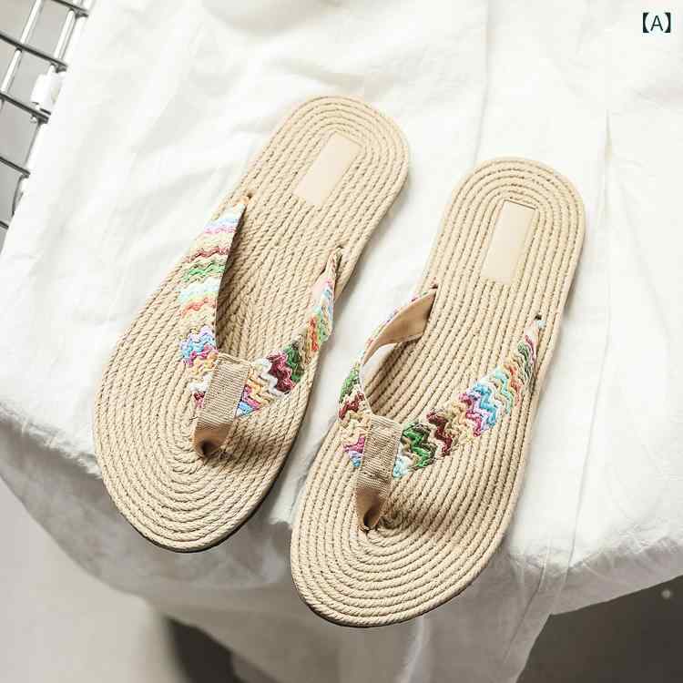 女性用 ビーチサンダル 人字型 草編み風 PP素材 EVAシューズ フラット底 夏用 米色...