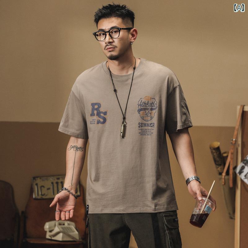 ・カテゴリ: Tシャツ・性別: メンズ・スタイル: カジュアル・デザイン: プルオーバー・シルエット: ルーズフィット・主な素材: 綿・ネックライン: クルーネック・袖丈: 半袖・柄: ロゴプリント・機能: 透気性、吸湿速乾・生地の重さ: 約180g/平方メートル～250g/平方メートル未満・カラー展開: コーヒー、カーキ、ワインレッド・サイズ展開: M、L、XL、2XL、3XL、4XL