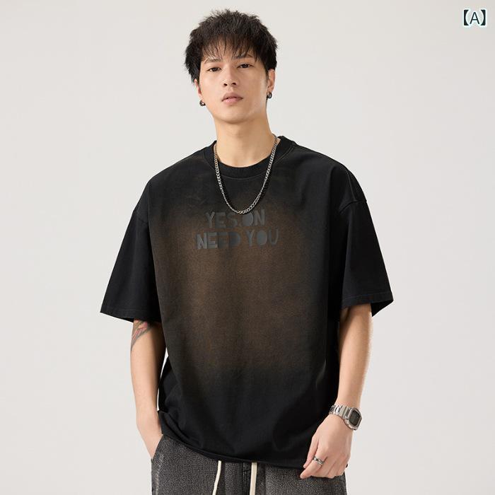 樂天商城 - Tシャツ メンズ 短袖 半袖 夏季 純棉 綿100% 丸首 ルーズフィット 落肩袖 ビンテージ ストリート プリント 文字柄 水洗ブラック 水洗グレー 水洗ブルー 抗菌 加工 休闲 カジュアル 普段使い 青年向け