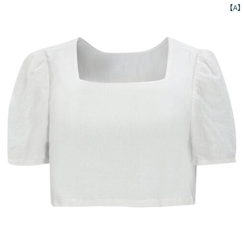 乐天商城 - Tシャツ レディース 方領 短袖 泡泡袖 短丈 綿麻 透気 切り替え プリーツ ゆったり トップス 通勤 普段使い 夏 春夏 白 黒 シンプル かわいい 気質 女性用
