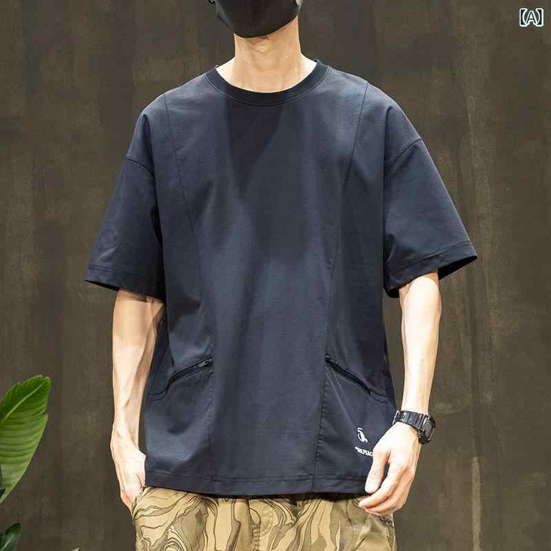 ・カテゴリ: Tシャツ・スタイル: カジュアル・対象: メンズ・対象年齢: 成人・主な素材: 綿60%、ポリエステル40%・生地名: アイスシルク綿・重さ: 約220g・機能: 吸湿速乾、ひんやり冷感・デザイン: プルオーバー・フィット: ルーズ・ネックライン: クルーネック・袖丈: 半袖・袖タイプ: レギュラー・厚さ: 普通・柄: ロゴ・デザイン詳細: ポケット装飾・加工: 刺繍・カラー展開: グレー、ブラック・サイズ展開: M、L、XL、XXL、3XL、4XL、5XL