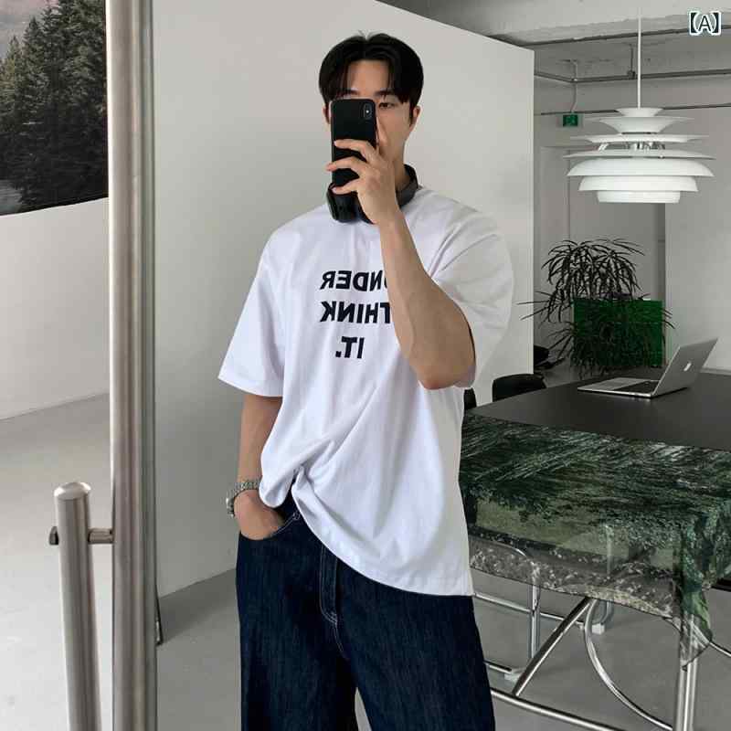 樂天商城 - Tシャツ メンズ 夏 短袖 丸首 ゆったり 綿 透気 アルファベット プリント トップス 通勤 普段使い 休闲 白色 グレー 韓国風