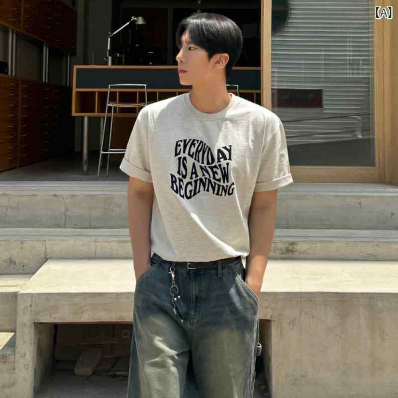 Tシャツ メンズ 男性用 夏 春夏 半袖 短袖 トップス 丸首 ラウンドネック ゆったり ルーズフィット コットン 綿100 透気性 吸湿 通勤 通勤風 韓国風 韓系 レイヤード グレー 灰色 アルファベット プリント 文字柄 数字柄 印花 短袖Tシャツ