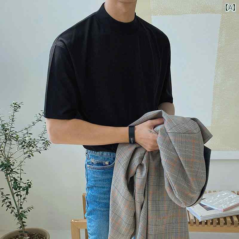 メンズ Tシャツ トップス 短袖 半袖 小高領 綿 コットン 修身 スリムフィット 純色...