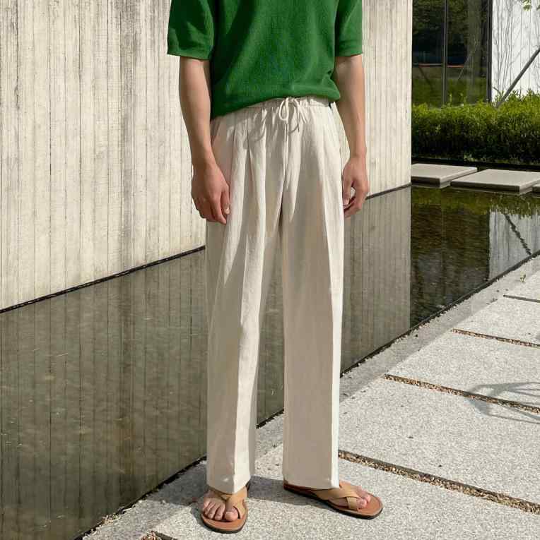 Pants - メンズ チノパン 綿麻 混紡 直筒パンツ 韓国風 ゆったり ワイドレッグ 長ズボン ミドルウエスト 夏 接触冷感 吸湿速乾 抗菌 ポケット 付き 微弾性 カーキ ベージュ系 通勤 通学 普段使い 軽量 涼しい