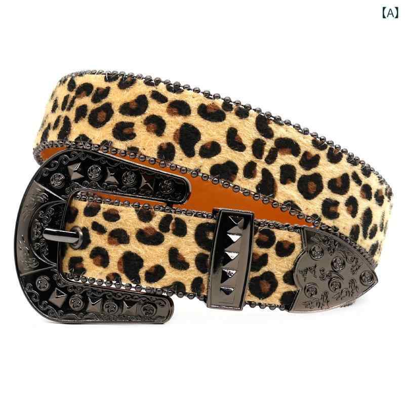 レディース ヒョウ柄 腰回し ベルト 女性用 ファッション 革ベルト 百搭 シンプル ズボンベルト 合金バックル 針留め チェーン 不対称 切り替え 復古 文艺 異国風 加工 電気メッキ 刻花 手作り 偽物古風 夏 カラーブラウン ピンク レッド パープ