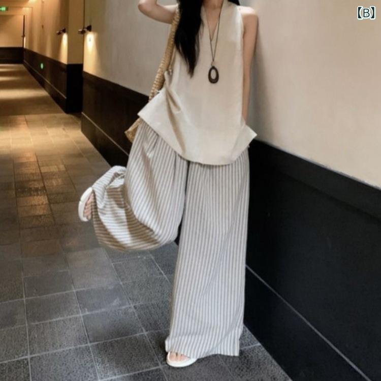 レディース 吊り首 Vネック タンクトップ ストライプ ワイドパンツ セット デニム 風 切り替え 涼しい 接触冷感 吸湿速乾 軽量 燕麦色 アイボリー系 夏 春夏 通勤 普段使い カジュアル トップス ボトムス 都市風 日韓スタイル 2