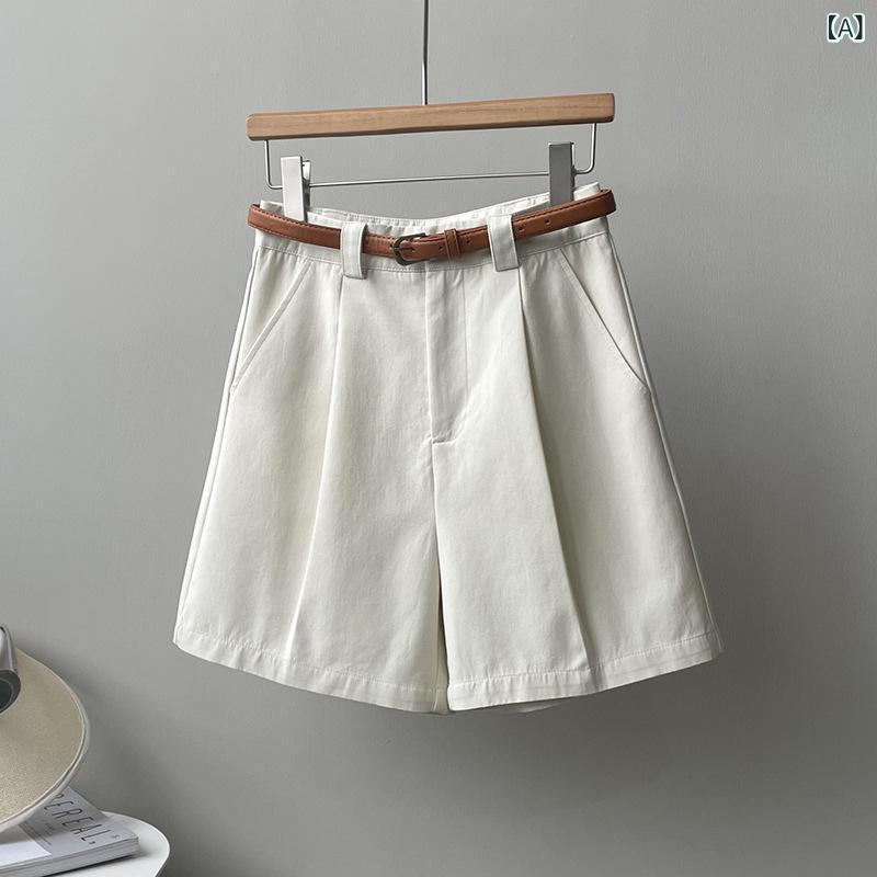 ショートパンツ レディース 夏 高腰 ワイドレッグ 綿 天竺 ライセル 接触冷感 切り替え 直筒 中厚手 無弾性 口袋 米白 卡其 ネイビー ..