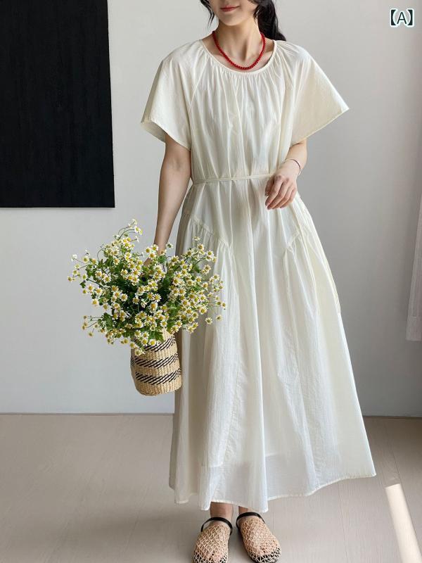 乐天商城 - ワンピース レディース 春夏 かわいい 気質 丸首 短袖 フリル袖 切り替え 腰リボン ゆったりロング 仙女スカート 通勤 普段使い 綿 ナイロン 再生繊維 接触冷感 ライトベージュ ダークグレー 日韓カジュアル ゆったりシルエット