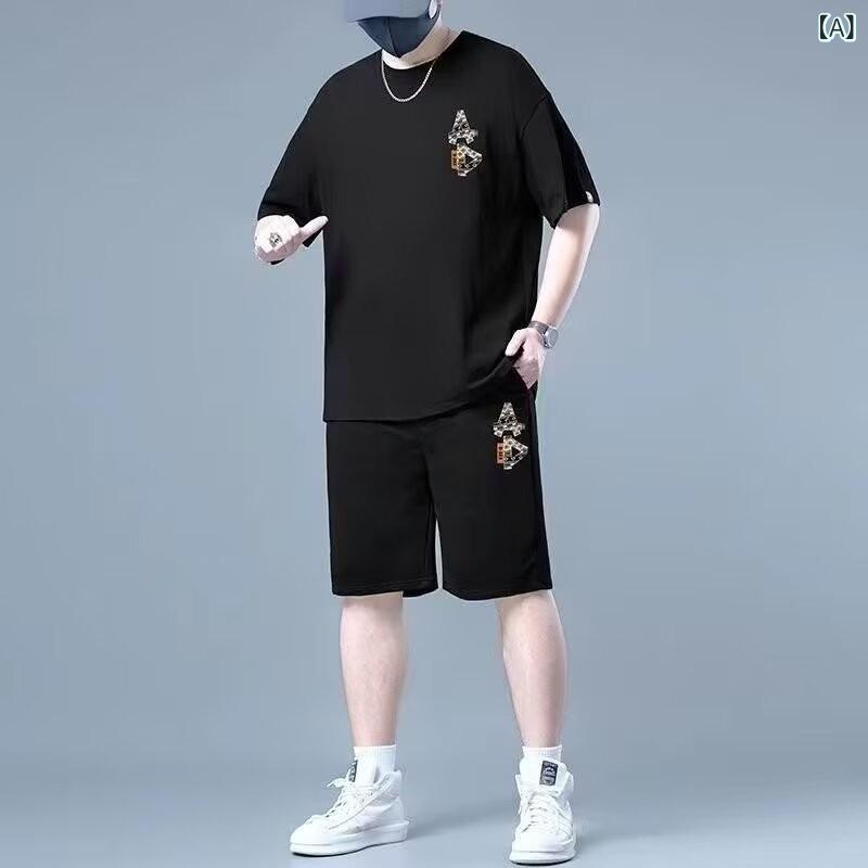 Other - メンズ 夏 セットアップ 休闲 スポーツ ルームウェア ゆったり 大きいサイズ 短袖 Tシャツ ショートパンツ 接触冷感 薄手 ナイロン混紡 ブラック 通勤 普段使い アウトドア 吸湿速乾 軽量 伸縮性