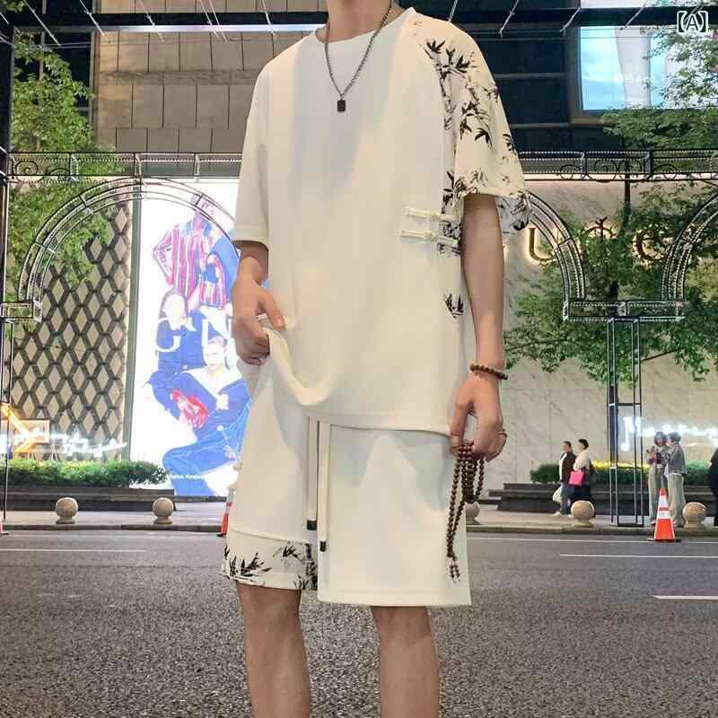 Collaboration - メンズ トップス ショーツ セット 夏 接触冷感 薄手 短袖 ゆったり 大きいサイズ 化繊混紡 ポリエステル 米白 ブラック 米白色 黒 カジュアル 普段使い 涼しい 通気性 軽量 ゆったりシルエット