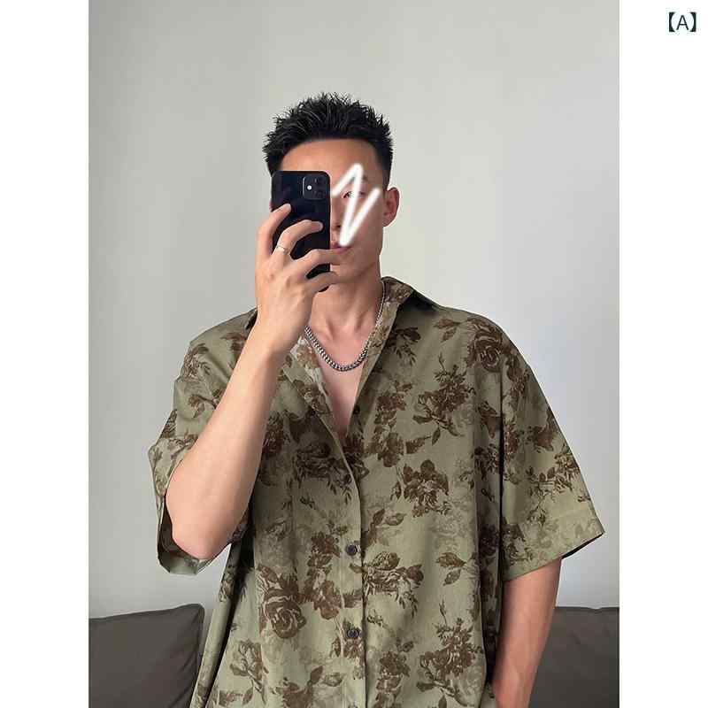 Other - メンズ シャツ トップス 古着風 キューバカラー 花柄 短袖 七分袖 速乾 接触冷感 ポリエステル 防シワ 韓流 ルーズフィット 開襟 夏 春夏 緑 イエロー 青少年 休闲 カジュアル