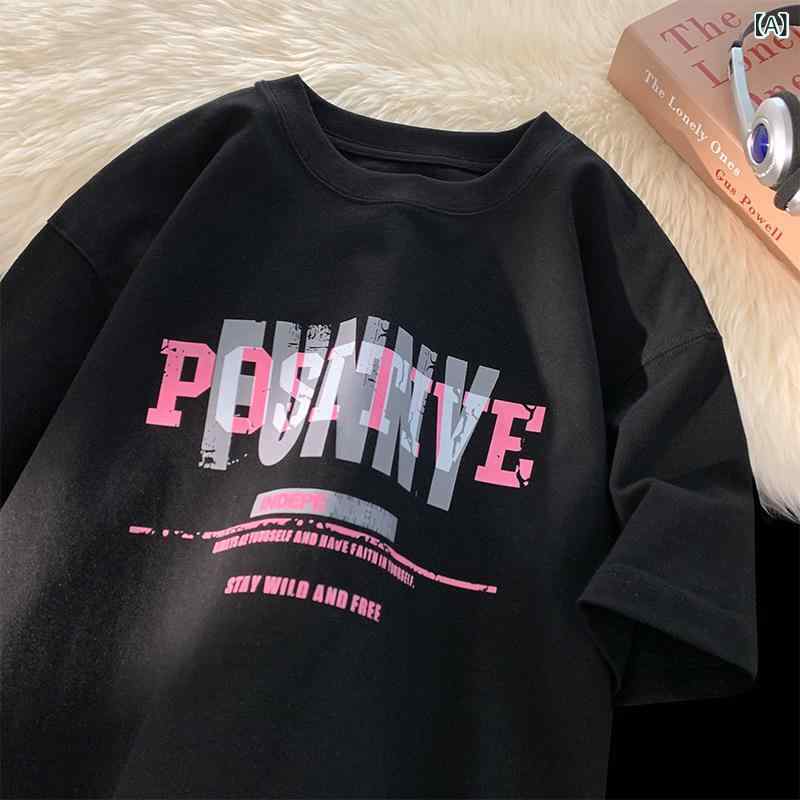 Tシャツ メンズ 短袖 ブラック 純棉 接触冷感 夏 春夏 秋 少年 ティーン 男性用 トップス ゆったり ワイドシルエット ルーズフィット 無地 字母プリント 丸首 クルーネック 野球 ストリート カジュアル 普段使い 休日 軽量 通気性 吸湿速乾 ア